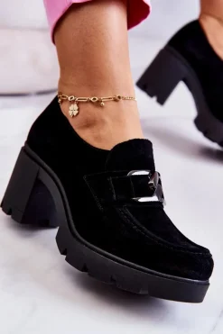 Eleganckie Półbuty Na Słupku Z Ciemną Ozdobą Czarne Lemar Harmell