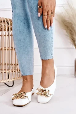 Eleganckie Pikowane Baleriny Z Łańcuchem Białe Coco