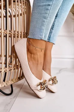 Eleganckie Pikowane Baleriny Z Łańcuchem Beżowe Coco