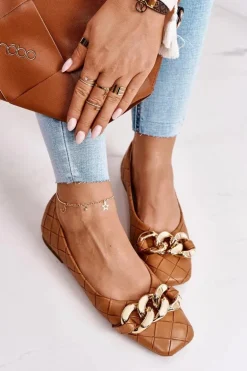 Eleganckie Pikowane Baleriny Z Łańcuchem Camel Coco
