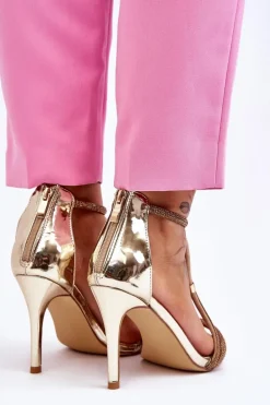 Eleganckie Sandałki Na Szpilce Z Dżetami Złote Jenesis