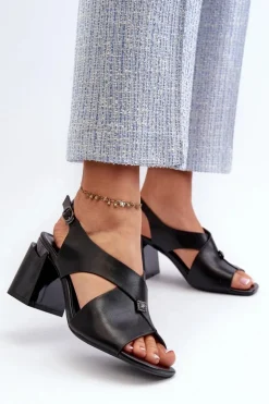 Eleganckie Sandały Damskie Na Obcasie Słupku Eko Skórzane Czarne Asellesa