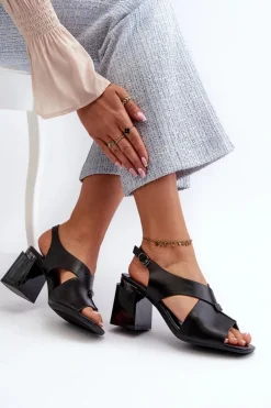 Eleganckie Sandały Damskie Na Obcasie Słupku Eko Skórzane Czarne Asellesa