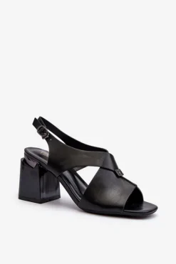 Eleganckie Sandały Damskie Na Obcasie Słupku Eko Skórzane Czarne Asellesa