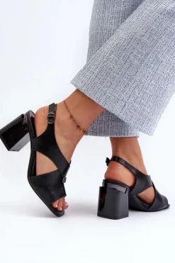 Eleganckie Sandały Damskie Na Obcasie Słupku Eko Skórzane Czarne Asellesa