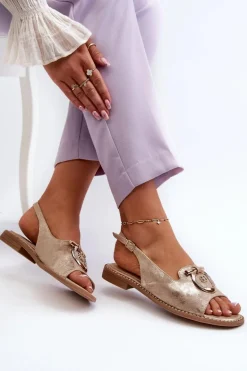 Eleganckie Sandały Damskie Ze Złotą Ozdobą Na Płaskim Obcasie Złote S.Barski KV27-053