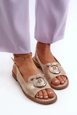 Eleganckie Sandały Damskie Ze Złotą Ozdobą Na Płaskim Obcasie Złote S.Barski KV27-053