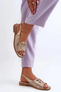 Eleganckie Sandały Damskie Ze Złotą Ozdobą Na Płaskim Obcasie Złote S.Barski KV27-053