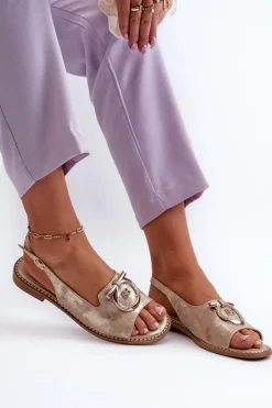 Eleganckie Sandały Damskie Ze Złotą Ozdobą Na Płaskim Obcasie Złote S.Barski KV27-053