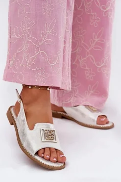 Eleganckie Sandały Damskie Na Płaskim Obcasie Z Ozdobą S.Barski KV51-082 Srebrne