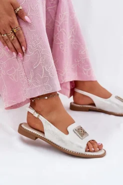 Eleganckie Sandały Damskie Na Płaskim Obcasie Z Ozdobą S.Barski KV51-082 Srebrne