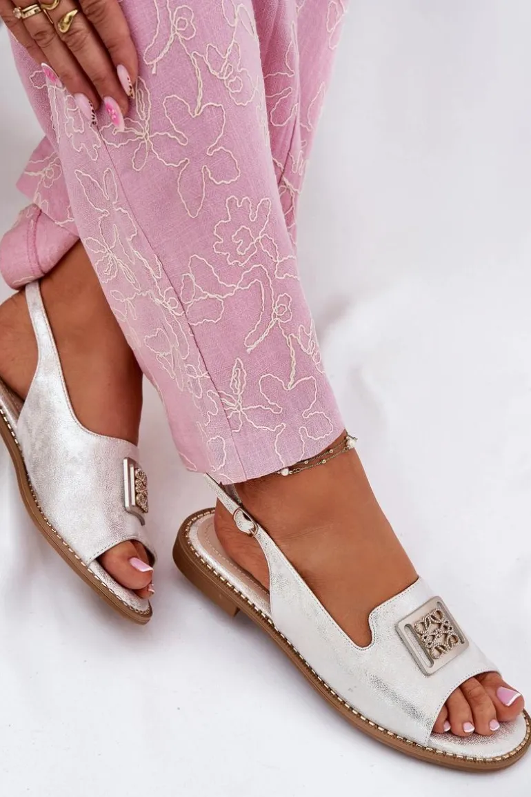 Eleganckie Sandały Damskie Na Płaskim Obcasie Z Ozdobą S.Barski KV51-082 Srebrne