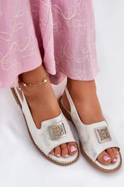 Eleganckie Sandały Damskie Na Płaskim Obcasie Z Ozdobą S.Barski KV51-082 Srebrne