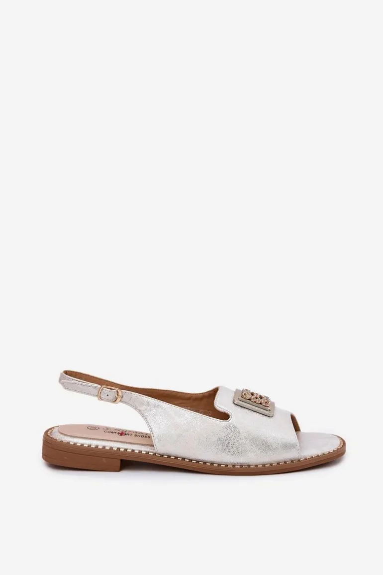 Eleganckie Sandały Damskie Na Płaskim Obcasie Z Ozdobą S.Barski KV51-082 Srebrne