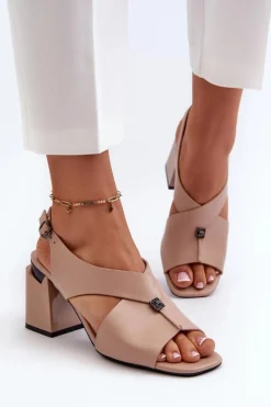 Eleganckie Sandały Damskie Na Obcasie Słupku Eko Skórzane Beżowe Asellesa