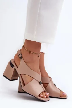 Eleganckie Sandały Damskie Na Obcasie Słupku Eko Skórzane Beżowe Asellesa