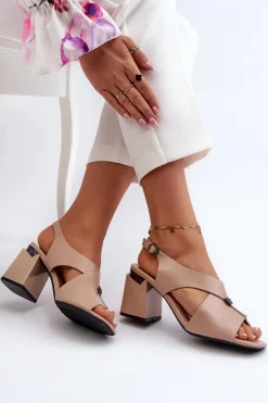 Eleganckie Sandały Damskie Na Obcasie Słupku Eko Skórzane Beżowe Asellesa