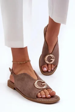 Eleganckie Sandały Damskie Z Ozdobą Eko Zamszowe S.Barski KV27-058 Brązowe