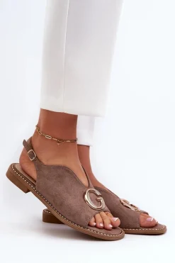 Eleganckie Sandały Damskie Z Ozdobą Eko Zamszowe S.Barski KV27-058 Brązowe