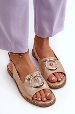 Eleganckie Sandały Damskie Ze Złotą Ozdobą Na Płaskim Obcasie Różowe Złoto S.Barski KV27-053