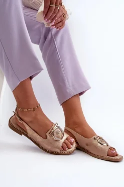 Eleganckie Sandały Damskie Ze Złotą Ozdobą Na Płaskim Obcasie Różowe Złoto S.Barski KV27-053