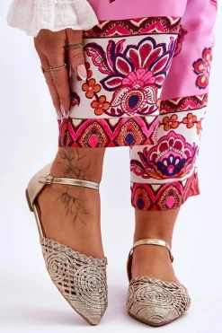 Eleganckie Sandały Damskie Płaskie Złote Sheia