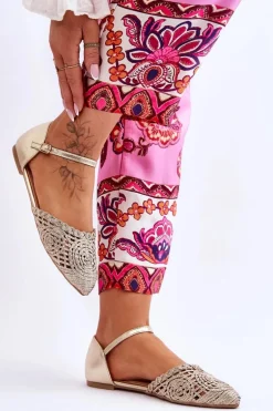 Eleganckie Sandały Damskie Płaskie Złote Sheia