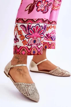 Eleganckie Sandały Damskie Płaskie Złote Sheia