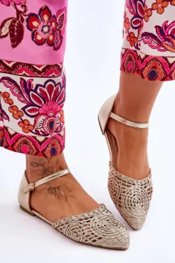 Eleganckie Sandały Damskie Płaskie Złote Sheia