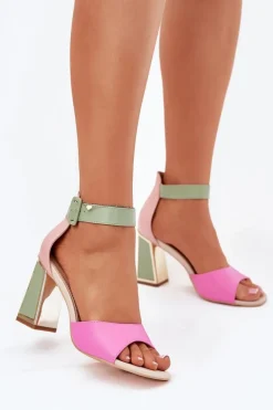 Eleganckie Sandały Damskie Na Słupku Różowo-Zielone Rosazara