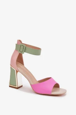 Eleganckie Sandały Damskie Na Słupku Różowo-Zielone Rosazara