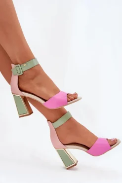 Eleganckie Sandały Damskie Na Słupku Różowo-Zielone Rosazara