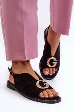 Eleganckie Sandały Damskie Z Ozdobą Eko Zamszowe S.Barski KV27-058 Czarne