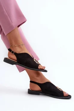 Eleganckie Sandały Damskie Z Ozdobą Eko Zamszowe S.Barski KV27-058 Czarne