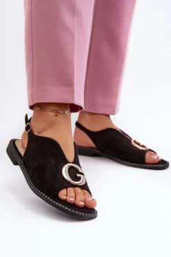 Eleganckie Sandały Damskie Z Ozdobą Eko Zamszowe S.Barski KV27-058 Czarne