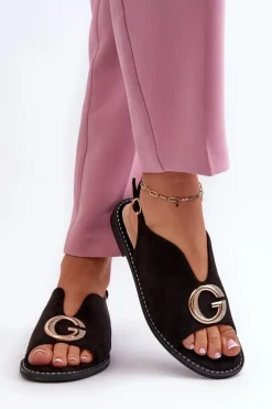 Eleganckie Sandały Damskie Z Ozdobą Eko Zamszowe S.Barski KV27-058 Czarne