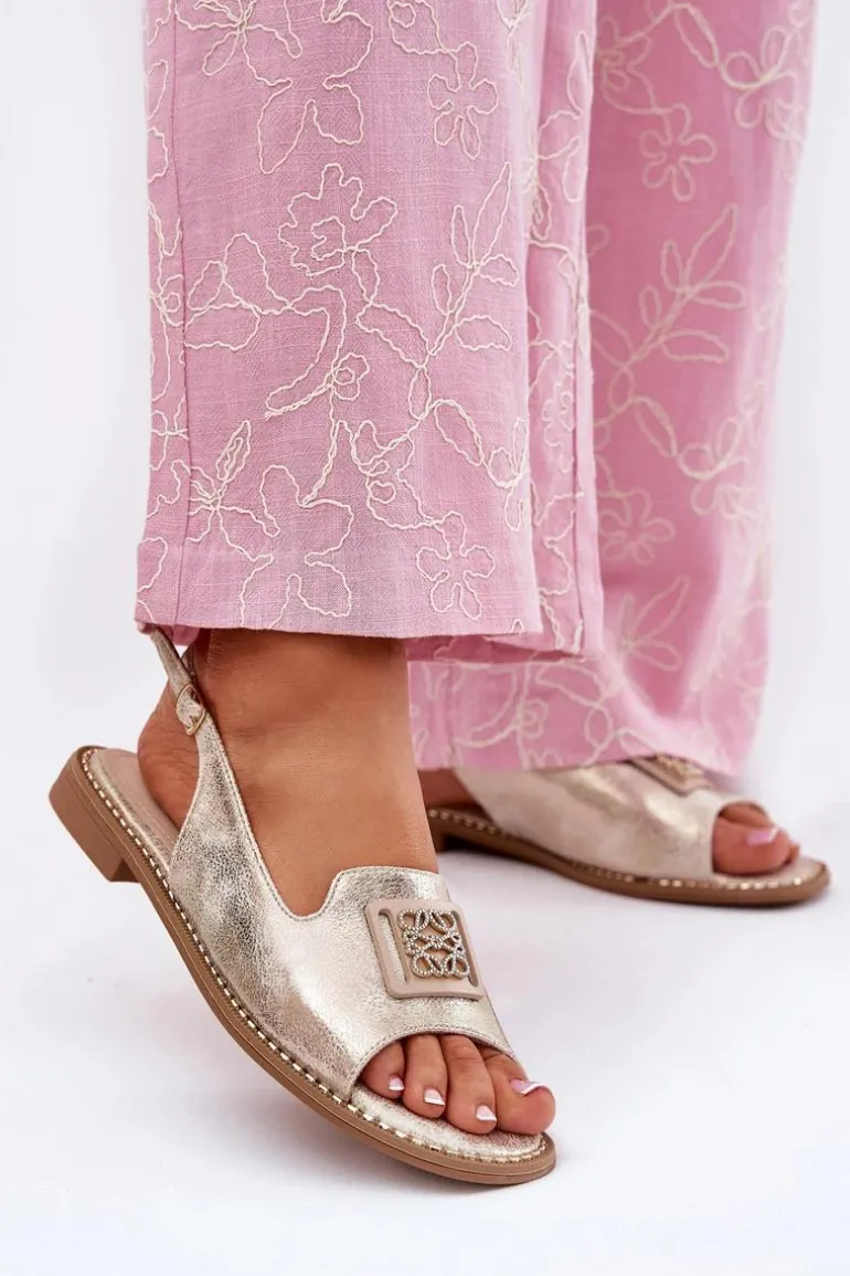 Eleganckie Sandały Damskie Na Płaskim Obcasie Z Ozdobą S.Barski KV51-082 Złote