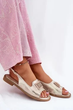 Eleganckie Sandały Damskie Na Płaskim Obcasie Z Ozdobą S.Barski KV51-082 Złote