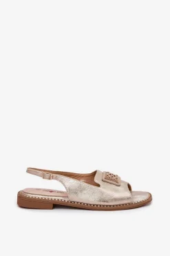 Eleganckie Sandały Damskie Na Płaskim Obcasie Z Ozdobą S.Barski KV51-082 Złote