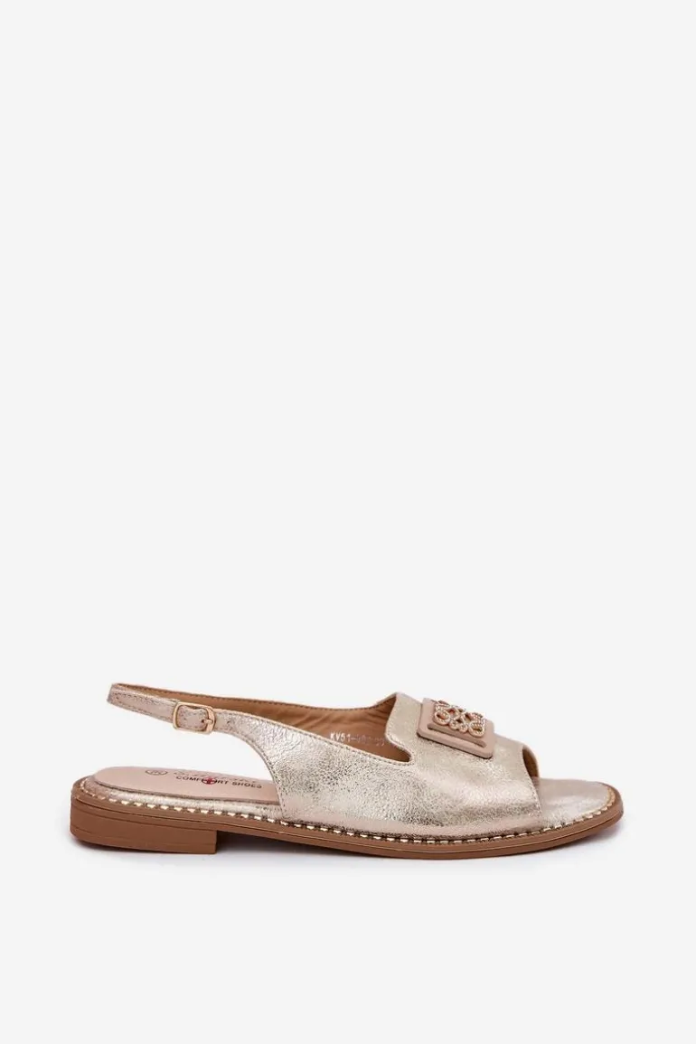 Eleganckie Sandały Damskie Na Płaskim Obcasie Z Ozdobą S.Barski KV51-082 Złote