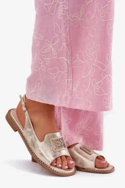 Eleganckie Sandały Damskie Na Płaskim Obcasie Z Ozdobą S.Barski KV51-082 Złote