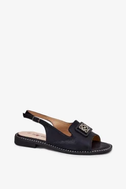 Eleganckie Sandały Damskie Na Płaskim Obcasie Z Ozdobą S.Barski KV51-082 Czarne