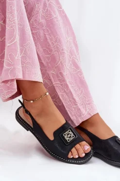 Eleganckie Sandały Damskie Na Płaskim Obcasie Z Ozdobą S.Barski KV51-082 Czarne