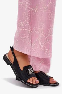 Eleganckie Sandały Damskie Na Płaskim Obcasie Z Ozdobą S.Barski KV51-082 Czarne