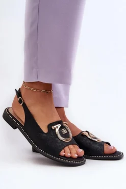 Eleganckie Sandały Damskie Ze Złotą Ozdobą Na Płaskim Obcasie Czarne S.Barski KV27-053