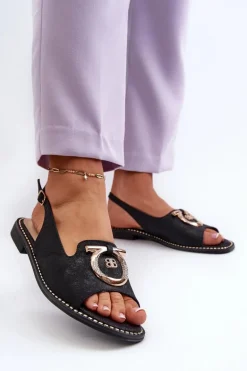 Eleganckie Sandały Damskie Ze Złotą Ozdobą Na Płaskim Obcasie Czarne S.Barski KV27-053