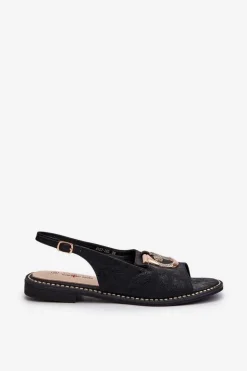 Eleganckie Sandały Damskie Ze Złotą Ozdobą Na Płaskim Obcasie Czarne S.Barski KV27-053