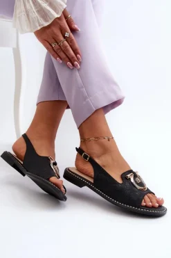 Eleganckie Sandały Damskie Ze Złotą Ozdobą Na Płaskim Obcasie Czarne S.Barski KV27-053