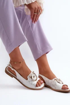 Eleganckie Sandały Damskie Ze Złotą Ozdobą Na Płaskim Obcasie Srebrne S.Barski KV27-053