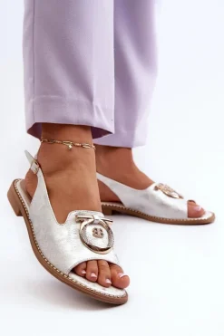 Eleganckie Sandały Damskie Ze Złotą Ozdobą Na Płaskim Obcasie Srebrne S.Barski KV27-053